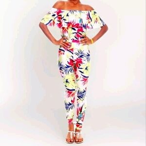 Missi London Tropical Print Off Shoulder Scuba Jumpsuit 10 Summer Spring Resort
